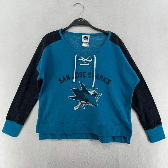 San Jose Sharks Lace-Up Sweatshirt Women's Sz S Blue Colorblock NHL Pullover - Picture 1 of 10